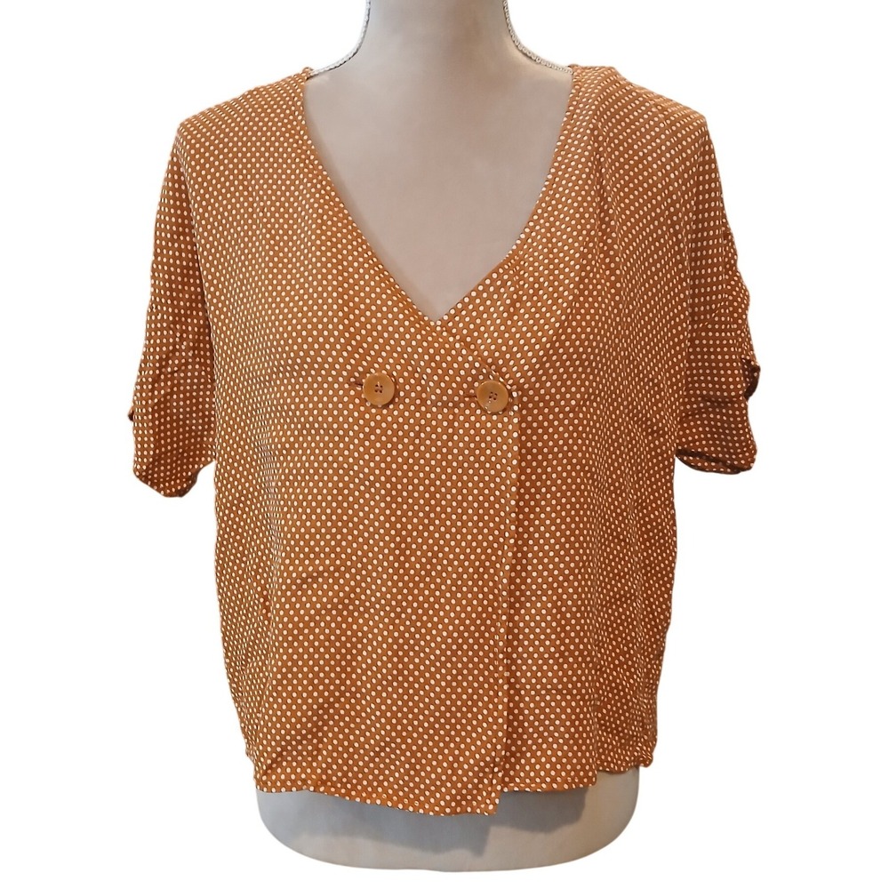 Leith Womens Yellow Polka Dot V-Neck Double Button Short Sleeve Blouse Top
